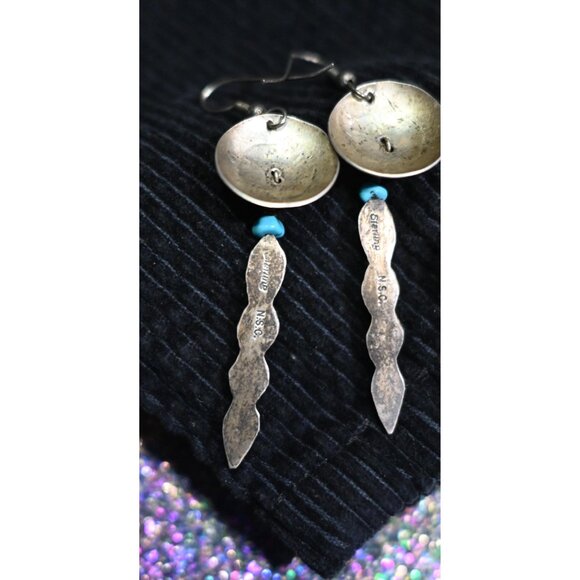 Native American Turquoise Dream Catcher Feather Dangle Earrings - Hallmarked - Picture 3 of 4